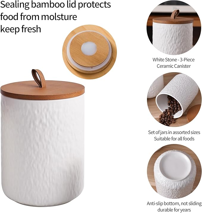 JOJUNO White Ceramic Canister Set with Wooden Lid, 3-Piece Airtight Food Storage Jars for Kitchen Counter - Flour, Sugar, Coffee, Tea, Spice - Small, Medium, Large Sizes - Stone Texture-Ruum Studio Home