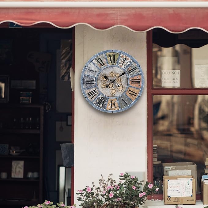 Unique Moving Gear Large Wall Clock - Battery Powered. Retro Industrial Steampunk Country Farmhouse Decor for The Living Room Kitchen Bars cafes and Offices (Blue/Metal/Round)-Ruum Studio Home