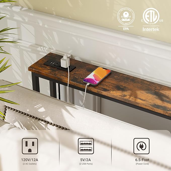 ELYKEN 5.9" Narrow Console Sofa Table with Power Outlets and USB Port, 5.9" Dx39.4 Wx31.1 H Long Behind Couch Table with Metal Frame and 6.5’ Extension Cord, Rustic Brown-Ruum Studio Home