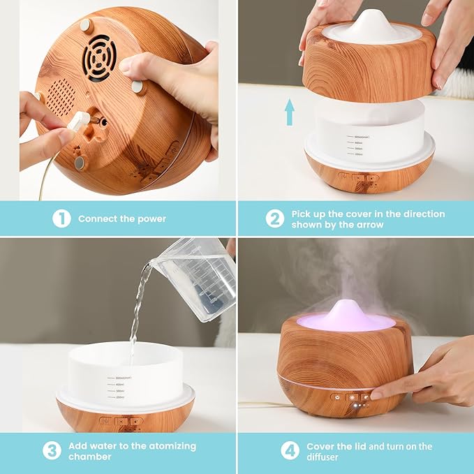 500ml Essential Oil Diffuser with 10 Scented Essential Oils,Wood Grain Ultrasonic Oil Diffuser,Aromatherapy Diffuser with Remote Control,Timer,7 Colors Light,2 Mist Modes for Large Room Office,Yellow-Ruum Studio Home