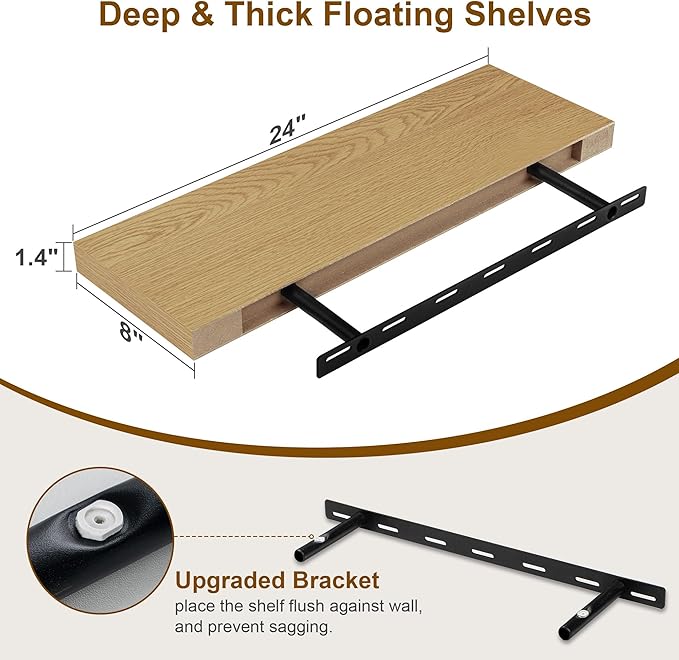 Floating Shelves for Wall, 8 Inch Deep Floating Shelves, 24"W x 8"D Wall Shelves Set of 2, Rustic Wood Floating Shelf for Home Decor, Deep Storage Shelves for Kitchen, Bedroom, Living Room-Ruum Studio Home