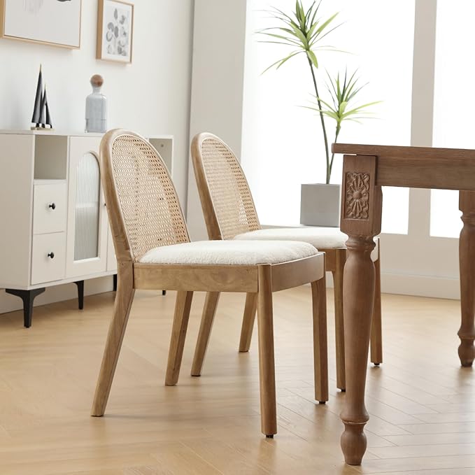 Mid Century Dining Chairs Set of 4, Accent Rattan Side Chairs Sherpa Fabric Kitchen Chair with Solid Wooden Legs for Living Room Dining Room, White-Ruum Studio Home