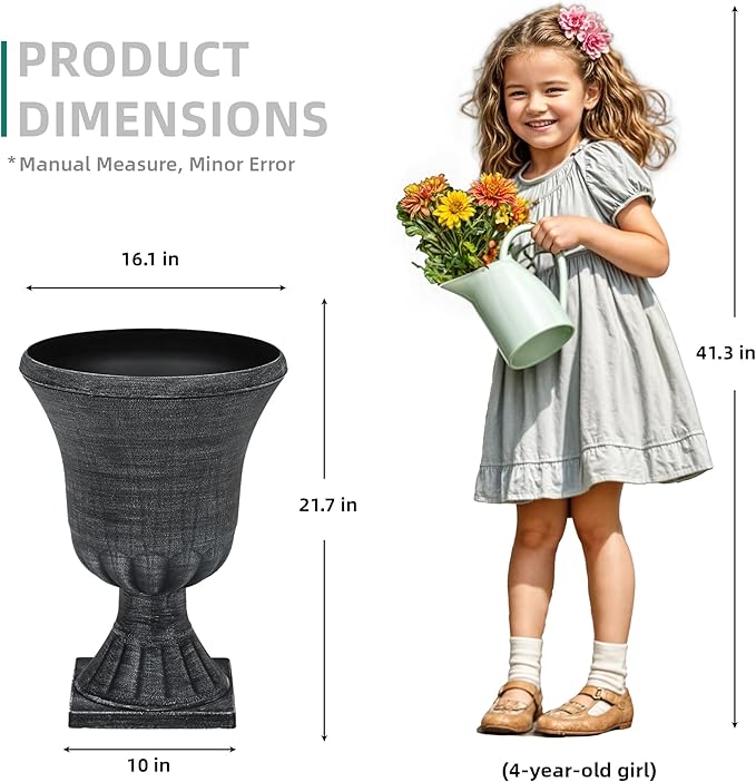 22" Timeless Urn Planters for Outdoor Plants, Set of 2 Plastic Large Flower Pot with Handmade Washed Black Finish, Weather-Resistant for Porch, Garden, Patio or Indoor Use-Ruum Studio Home