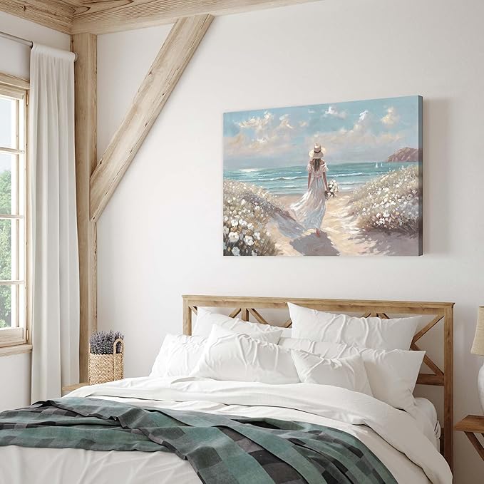 cozy country Beach Wall Art 45"x30" - Coastal Pictures Ocean Canvas Decor - Nautical Artwork Seascape Hand Painting for Girls Room, Bedroom, Sea House-Ruum Studio Home