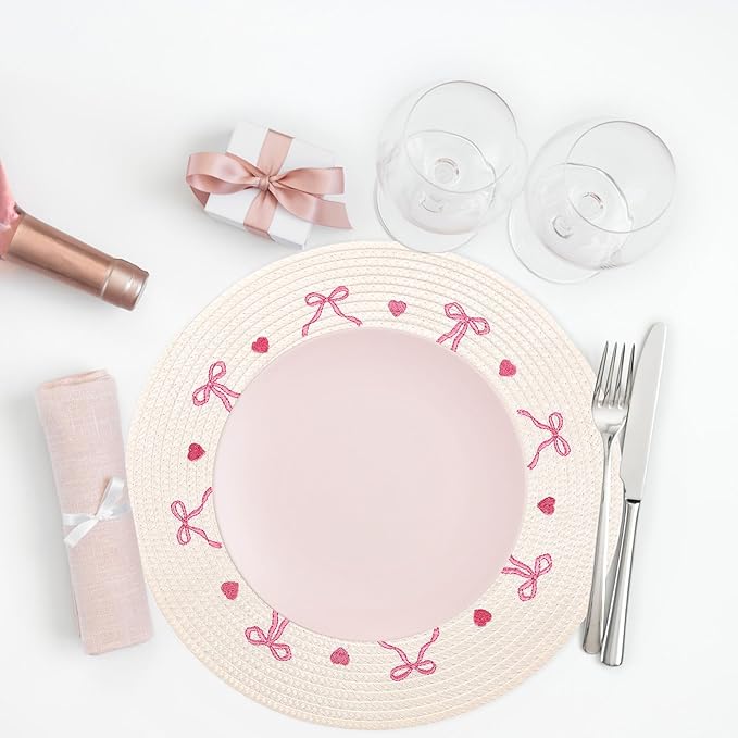 Whaline 4Pcs Round Placemats White Pink Bow Embroidered Place Mats Coquette Bowknot Heart Dinner Table Mats for Home Wedding Baby Shower Birthday Party Decor-Ruum Studio Home