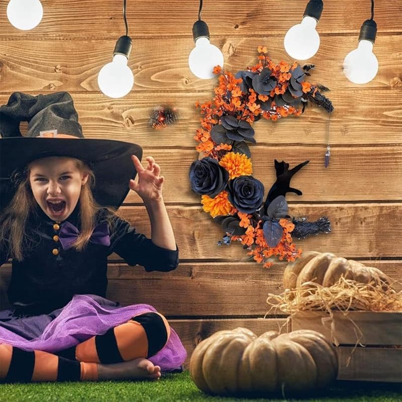 Halloween Wreaths for Front Door with Light, Black Cat Crescent Moon Wreath, Cute Cat Garland Halloween Door Decorations for Outdoor Indoor Decor Wall Window Home Party-Ruum Studio Home