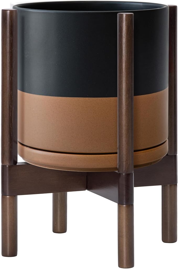 D'vine Dev Ceramic Planter with Walnut Color Stand - 10 Inch Modern Round Flower Pot with Wood Planter Holder, Black/Speckled Tan, 55-B-X-7-Ruum Studio Home