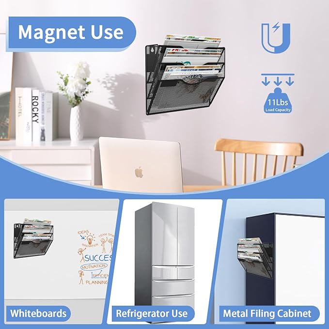 3-Tier Magnetic File Holder, No Drilling Installation File Cabinet Organizer, Black Magnetic File Organizer, Magazine Rack, Magnetic Paper Holder for Refrigerator, File Cabinets, Whiteboard-Ruum Studio Home
