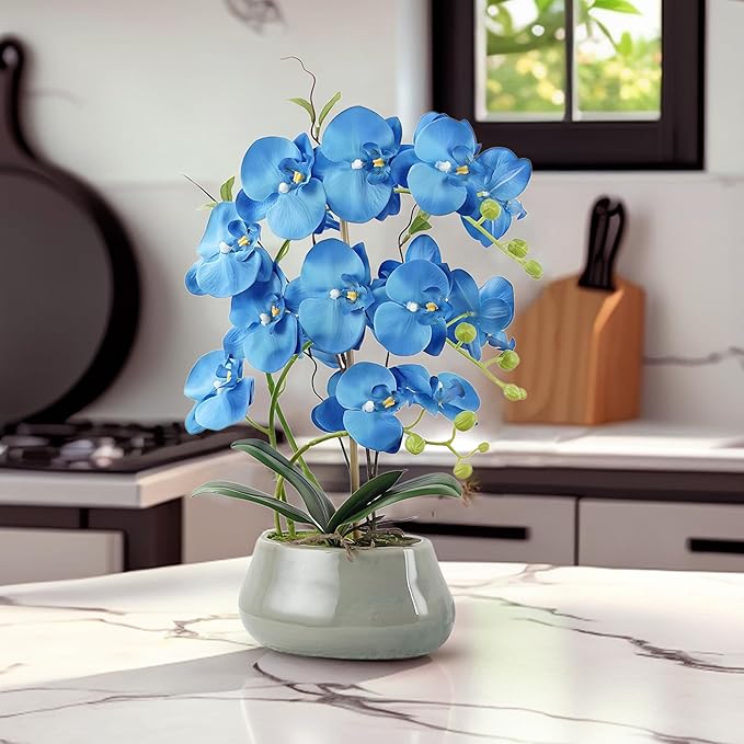 Orchid Artificial Flowers with Gray Vase Large Silk Faux Phalaenopsis Flowers for Dining Room Table Floral Centerpieces Indoor Decoration,Blue-Ruum Studio Home