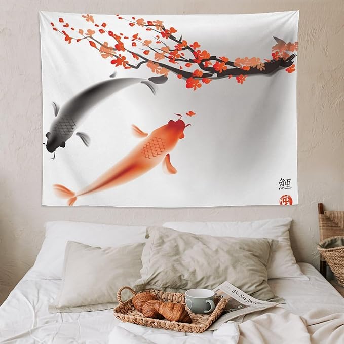 Houselerax Japanese Koi Fish Tapestry, Cherry Blossoms Asian Oriental Flower Branch Koi Fish Carp Tapestries Wall Hanging for Bedroom Living Room Office Decor 80"x60"-Ruum Studio Home