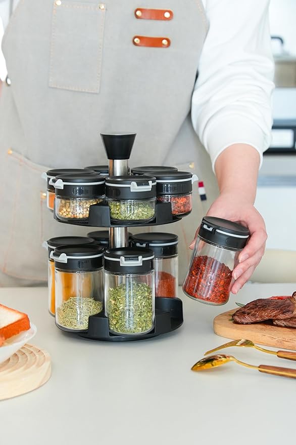 360 rotating 2 tier jars spice rack (6 small 6 large spice jars) Revolving Seasoning Organizer. Spinning Spice Rack for Counter top and Cabinet WITH Custom Label Stickers.-Ruum Studio Home