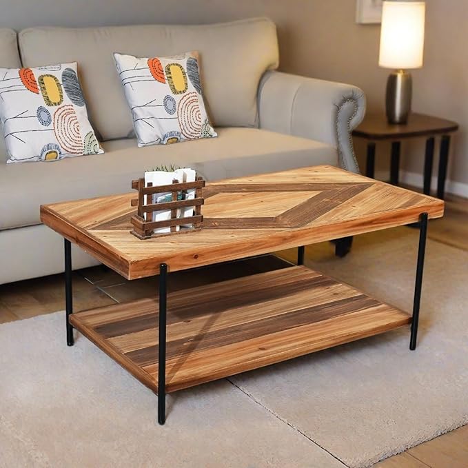 CONSDAN StoneCreek Coffee Table, Solid Fir Wood & Metal Frame, 2-Tier Industrial Farmhouse Table for Living Room/Office, 44" Rectangular Table-Ruum Studio Home