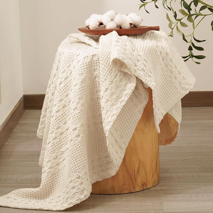 PHF 100% Cotton Waffle Weave Throw Blanket, Soft Lightweight Breathable Cozy Summer Throws for Couch Bed Sofa, Luxury Aesthetic Woven Blanket for Home Decor & Office, 50"x60", Undyed-Ruum Studio Home