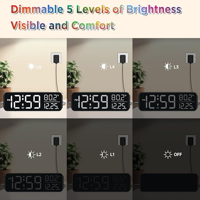 Peakeep Digital Alarm Clock for Bedrooms, Date Day of Week Large Display Numbers 6 Brightness Dimmer, 5 Volume Loud for Heavy Sleepers, 8 RGB Colors Electric Desk Clock Battery Backup, Auto DST-Ruum Studio Home