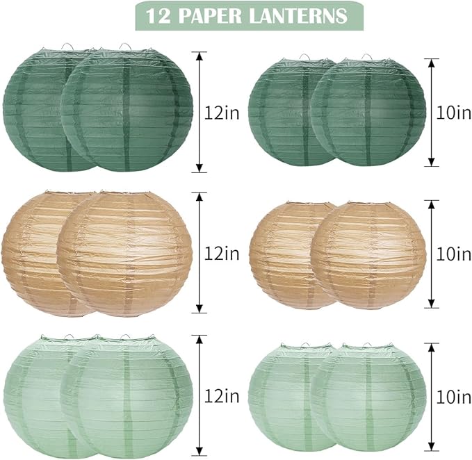Paper Lanterns Decorative, Sage Green Forest Tan Hanging Round Chinese Lanterns with Lights for Rustic Party Sage Green Birthday Party 12 LED Light Pack of 12-Ruum Studio Home