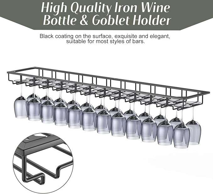 Xverycan Wine Glass Rack Under Cabinet, 12 Row Extreme Large Stemware Hanger, Metal Wine Goblet Holder, DIY Bar Glass Storage Rack for Bar Counter, Kitchen, Screws Included-Ruum Studio Home