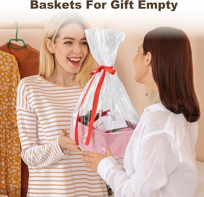 3 Pack Small Storage Baskets for Organizing, Cute Woven Decorative Gift Baskets for Shelves, Mini Closet Organizer Bins with Handles, 11.81''Lx7.87''Wx4.72''H-Pink-Ruum Studio Home