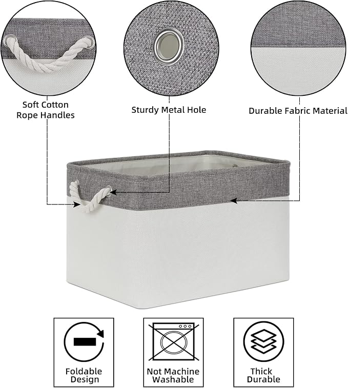 Bidtakay White Baskets with Cotton Rope Handles Decorative Storage Bins [3-pack] Fabric Bins for Organization Linen Closet Shelf Storage Baskets for Clothes Toys Towels 15 X 11 X 9.5 Inches-Ruum Studio Home