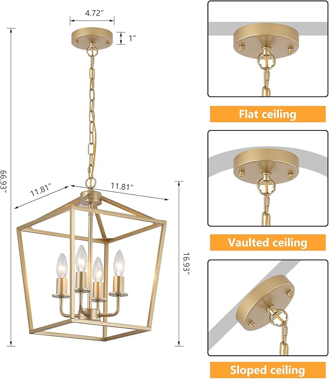 Industrial 4 Lights Chandelier, Gold Lantern Ceiling Light Fixtures with Rustic Metal Cage Adjustable Height Farmhouse Geometric Hanging Light for Kitchen Island, Dining Room, Entryway, UL Listed-Ruum Studio Home