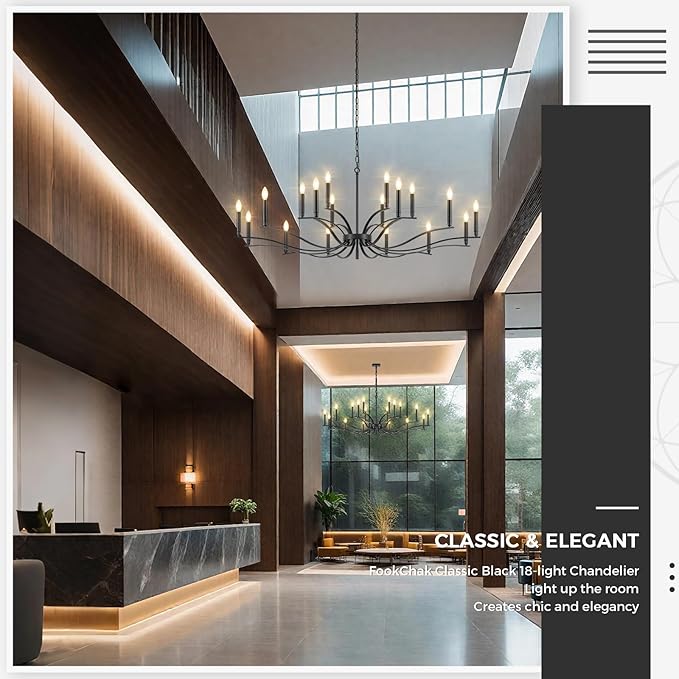 Black Living Room Chandelier 18 Light Hight Ceiling Foyer Candle Chandelier Large Dining Room Light Fixture Over Table 59in Metal Modern Chandeliers Hanging Light for Entry Master Bedroom-Ruum Studio Home