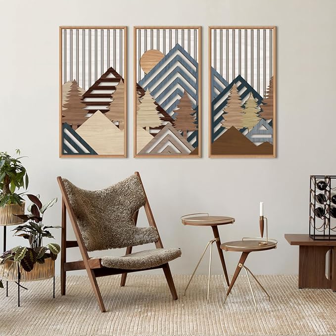 IARTTOP Large Mountain Wood Wall Art 16"x32"x3 Abstract Forest Wall Sculpture Geometric Boho Sunset Wilderness Artwork for Bedroom Living Room Office-Ruum Studio Home