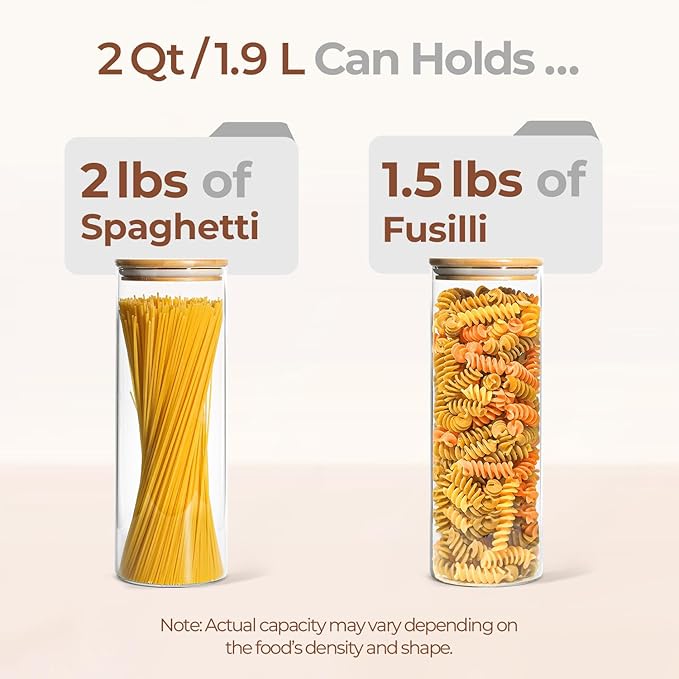 ComSaf Glass Spaghetti Pasta Storage Container with Lids 2 Qt Set of 3, Tall Clear Airtight Food Storage Jar with Wood Cover Kitchen Pantry Storage Container for Noodles Flour Cereal Coffee Beans-Ruum Studio Home