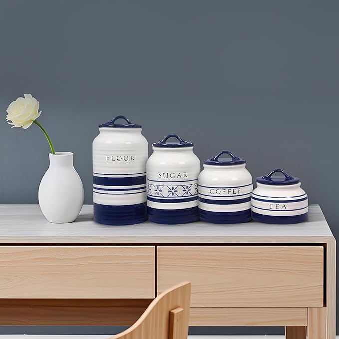 Young's Inc. 4 Pcs Set Modern-Cool Accent Ceramic Canisters- Storage Container for Kitchen and Bathroom - Beautiful Home Decor Accent to Store Food, Coffee, Tea, and More - White-Ruum Studio Home