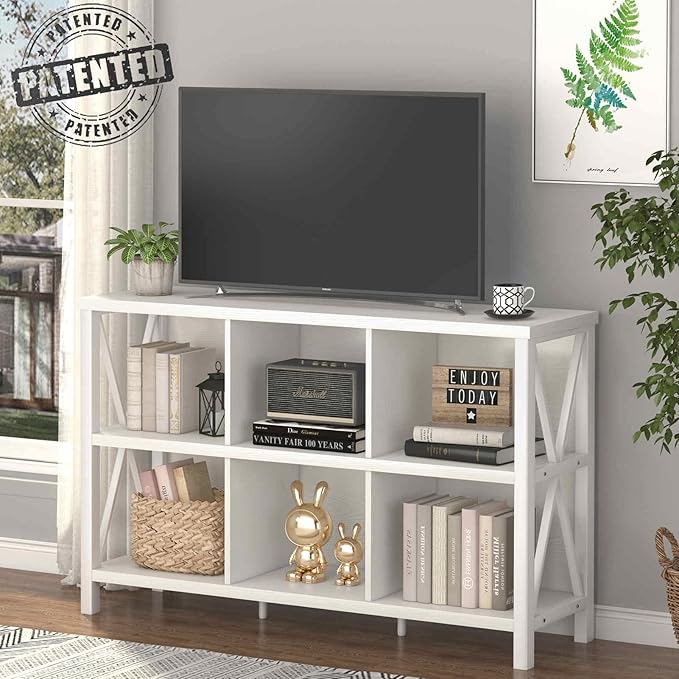 FATORRI 6 Cube Storage Organizer with Shelf, Long Wood and Metal Cubby Bookcase, Industrial Horizontal Bookshelf (White Oak, 47 Inch)-Ruum Studio Home