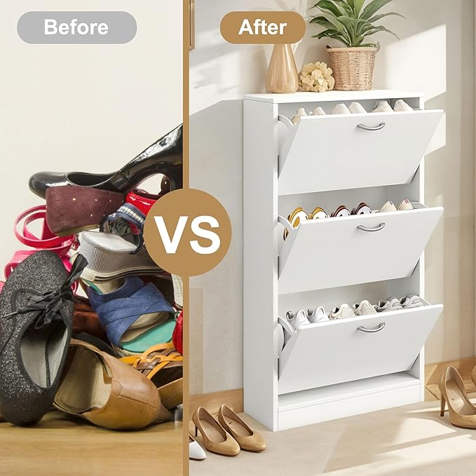 Shoe Storage Cabinet Set of 2 with 3 Flip Drawers, Narrow Shoe Cabinet Freestanding Slim Shoe Storage Organizer for Entryway, Hallway, Entrance, Bedroom, Living Room, White-Ruum Studio Home