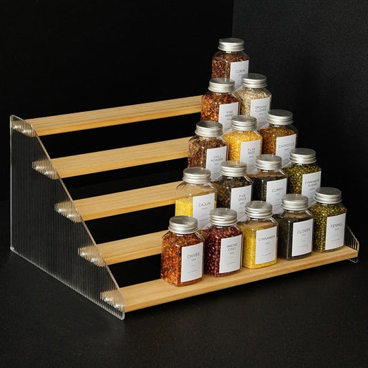 nianfeng Tiered Spice Rack, 5-Tier Spice Pantry Kitchen Cabinet Organizer, 16-Inch, Natural Wood Acrylic Stair Riser Stand, Countertop Seasoning Shelf-Ruum Studio Home