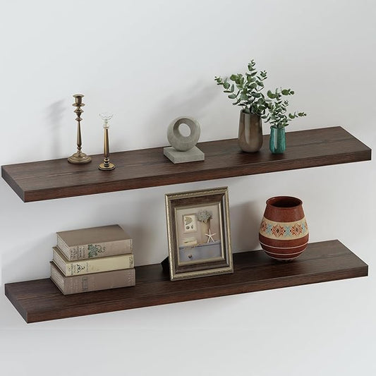 SAUMONIERES Floating Shelves 8 Inch Deep Solid Wood Wide Wall Shelf Set of 2 Wall Mounted for Bedroom Bathroom Living Room Kitchen, 36 Inch Walnut-Ruum Studio Home