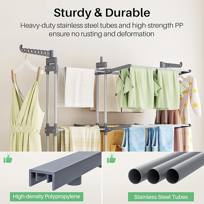 Kitstorack Clothes Drying Rack - Foldable Movable Clothes Rack Drying 30.0" W to 59.0" W Extensible Drying Rack Clothing Oversized 4-Tier Stainless Steel Large Clothes Rack Drying Indoor and Outdoor-Ruum Studio Home