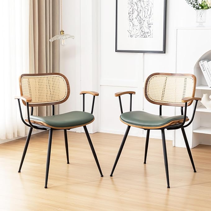 Rattan Dining Room Chairs Set of 2,Mid Century Modern Kitchen Side Chairs,Metal Legs Desk Chair,Faux Leather Accent Chair with Arms and Rattan Backrest Green PU-Ruum Studio Home