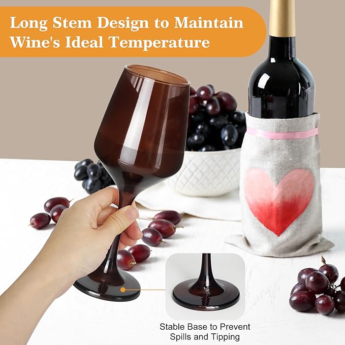 Brown Wine Glasses Set of 6-12oz Brown Long Stem Wine Glass Cups, Pretty Crystal Glassware, Hand Blown Goblets Drinkware, Unique Drinking Stemware Holiday Gift Set-Ruum Studio Home