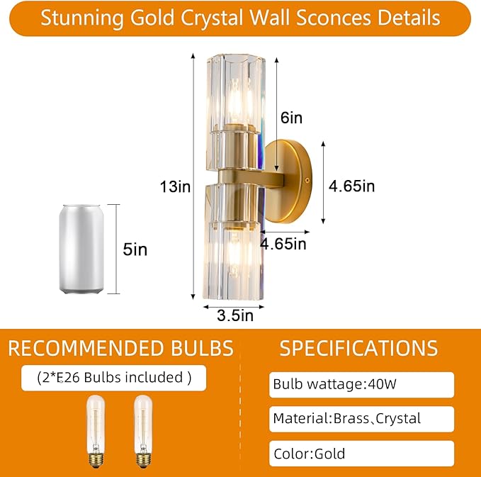 Gold Crystal Wall Sconces Set of Two, Wall Sconce Set of 2, Brass Sconces Wall Lighting with K9 Crystal Lampshade, Wall Lights for Bedroom Living Room Bathroom Hallway-Ruum Studio Home