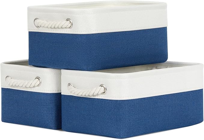 Bidtakay Small Storage Baskets for Shelves 3 Pack Fabric Storage Bins for Organizing Linen Collapsible Organizer for Closet-White&Blue-Ruum Studio Home