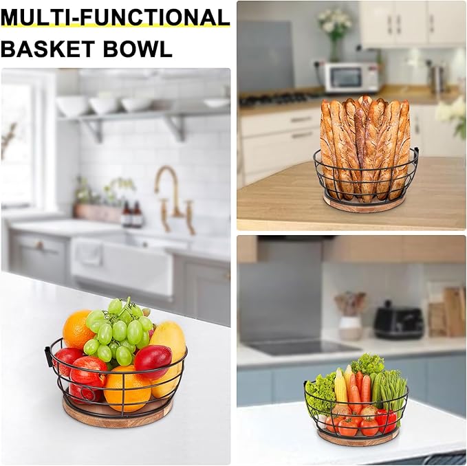 Livabber Countertop Fruit Basket Bowl with Banana Hanger, Modern Standing Fruit Vegetable Bowl Storage, with Banana Tree Holder for Kitchen Dinning Table (Round Wood, Black)-Ruum Studio Home