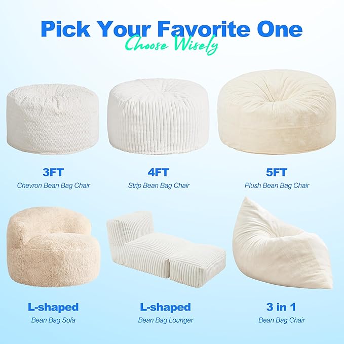 Hobestluk 3 in 1 Bean Bag Chair Giant Bean Bag Chairs for Adults with Plush Faux Fur Cover Convertible Bean Bag Floor Cushion with Machine Washable Cover for Living Room (Plush White)-Ruum Studio Home