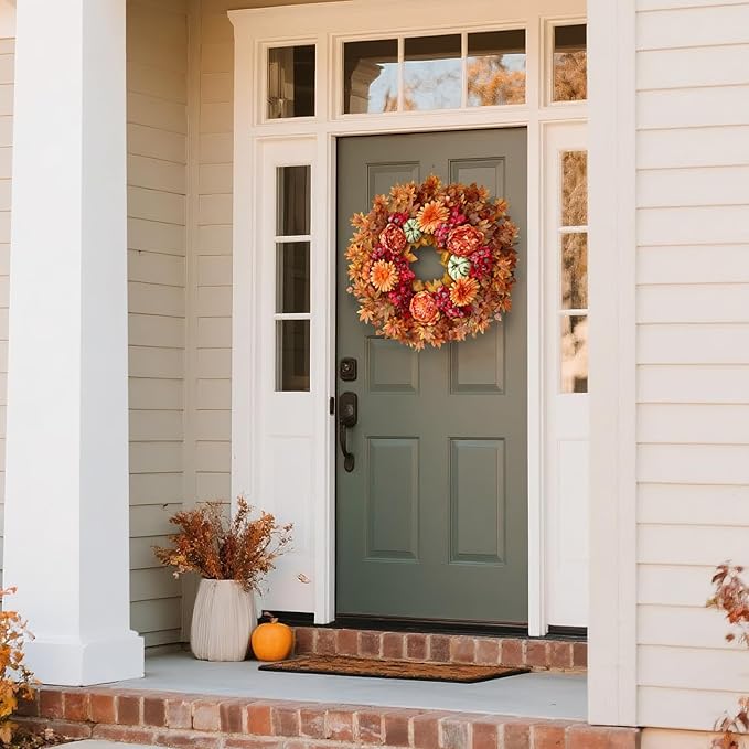 26" Fall Wreath for Front Door - Large Artificial Maple Leaves Fake Silk Peony Faux Pumpkin Outdoor Wreath for Porch, Window,Farmhouse,Home,Thanksgiving Day Harvest Festival Autumn Decor-Ruum Studio Home