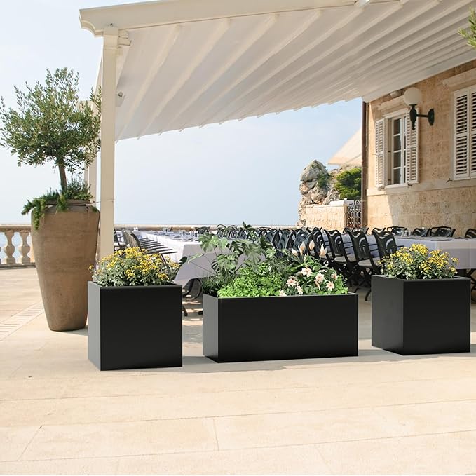 Long Metal Cube Planter for Outdoor Plants 15" W x 38" L x 16.25" H, Heavy Duty Steel Rectangular Planter Box with Removable Insert Shelf, Modern Décor for Outside, Indoor, Garden (Black)-Ruum Studio Home