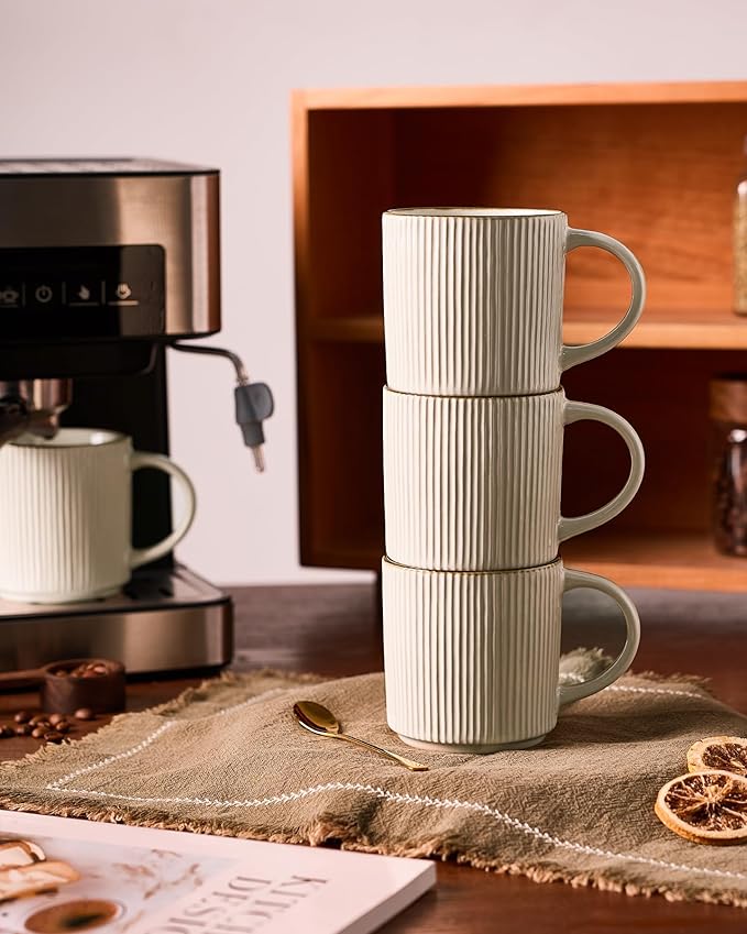 famiware Coffee Mug Set for 4, Star 12 oz Catering Mugs Cup Set with Handle for Coffee, Tea, Cocoa, Milk - Ceramic Stoneware Drinkware Set, White-Ruum Studio Home