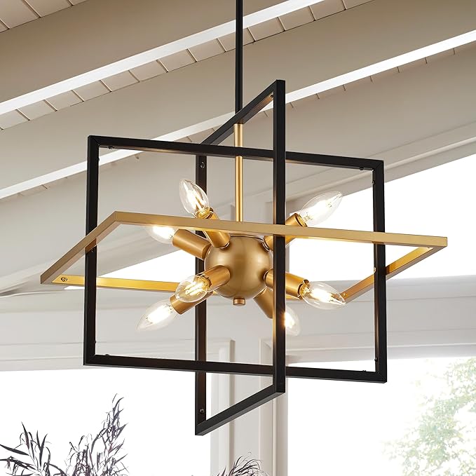 18.9'' Black Gold 8-Light Sputnik Chandelier Modern Industrial Adjustable Hanging Geometric Pendant Light Fixture for Entryway Foyer Stairway Hallway Bedroom Living Room Kitchen Island-Ruum Studio Home