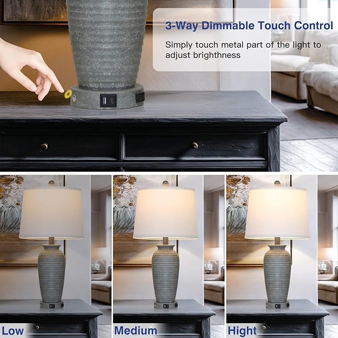 25" Grey Vintage Table Lamp Set of 2 Farmhouse Jar Table Lamps for Living Room，Touch Bedside Lamps with USB A+C Ports & AC Outlet, Pot Nightstand Lamps for Bedroom Living Room (LED Bulbs Included)-Ruum Studio Home