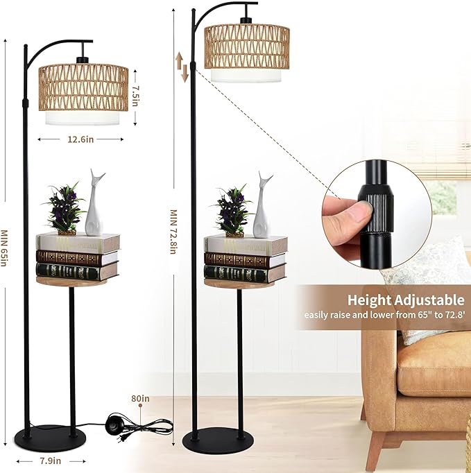 Arc Floor Lamp with Table and Shelves,Rattan Boho Floor Lamp with Remote Control,Rustic Floor Lamps for Bedroom Wicker Standing Lamp with 3 Color Temperature Tall Lamp for Living Room Corner-Ruum Studio Home