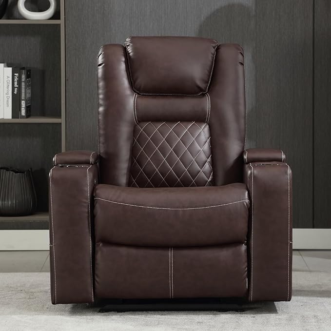 CANMOV Electric Power Recliner Chair Set of 2, Breathable Leather Home Theater Seating with Hidden Arm Storage, Power Recliner Chair for Living Room with USB Ports and Cup Holders,Red Brown-Ruum Studio Home