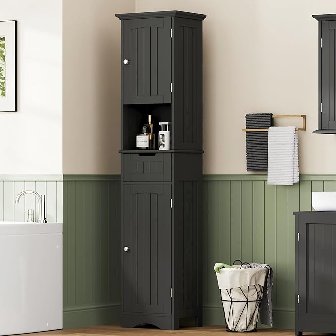 ChooChoo 67" Tall Bathroom Storage Cabinet Freestanding with Adjustable Shelves, Narrow Storage Linen Cabinet with 2 Doors and 1 Drawers for Bathroom, Living Room, Kitchen, Black-Ruum Studio Home