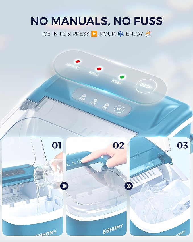 EUHOMY Countertop Ice Maker Machine with Handle, 26lbs Per Day, 9 Ice Cubes Ready in 6 Mins, Auto-Cleaning Portable Ice Maker with Basket and Scoop, for Home/Kitchen/Camping/RV (Blue)-Ruum Studio Home