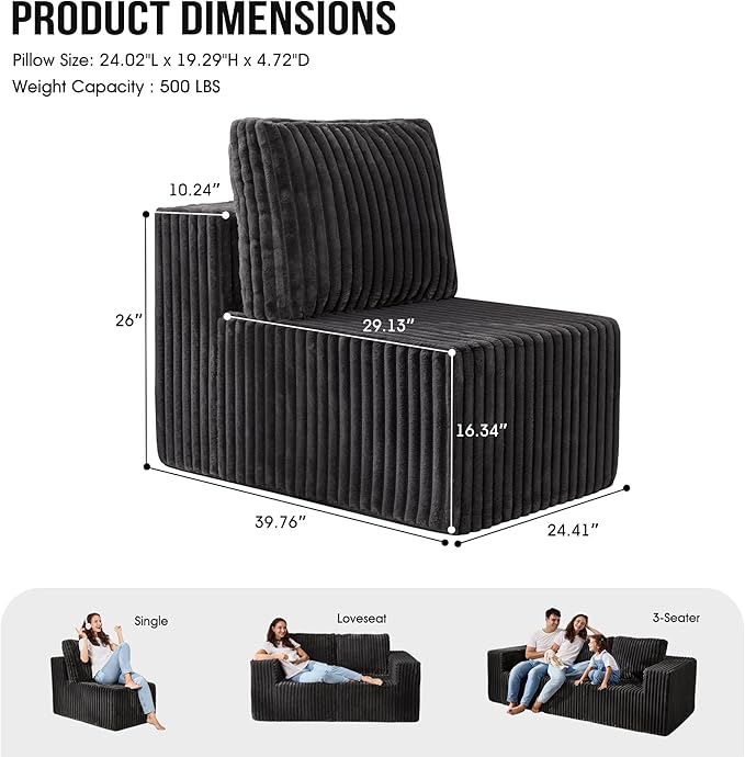 Single Sofa 1 Seat Couch with Deep Seat Memory Foam Cloud Chair with Pillows Large Sofa with L Shape for Living Room Bedroom (Strip Grey, Single)-Ruum Studio Home