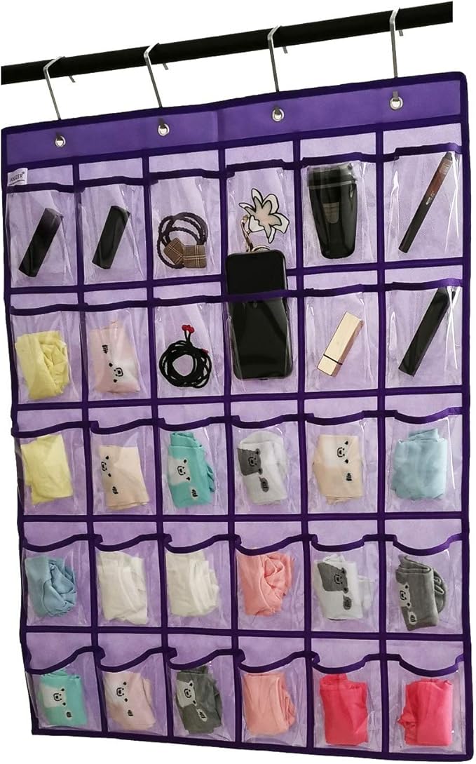 Classroom Pocket Chart for Phone Calculator Holder Over The Door Hanging Closet Jewelry Organizer with 30 Clear Pockets (Purple)-Ruum Studio Home