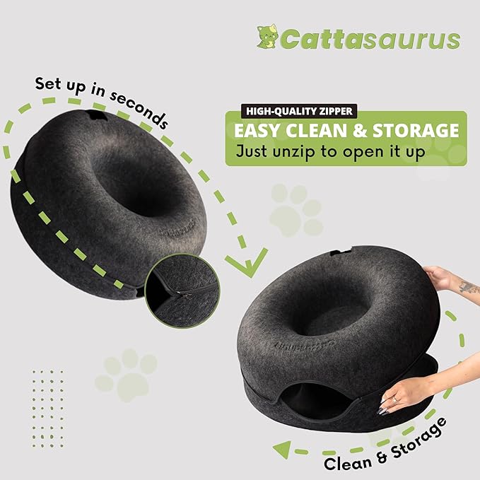 Cattasaurus Peekaboo Cat Cave, Extra Spacious for Multiple & Large Cats 12+ lbs, Scratch Detachable Beds for Indoor Cats, Washable Tunnel Bed, Comfy Cat Donut Tunnel (Light Gray+Dark Gray, Jumbo)-Ruum Studio Home
